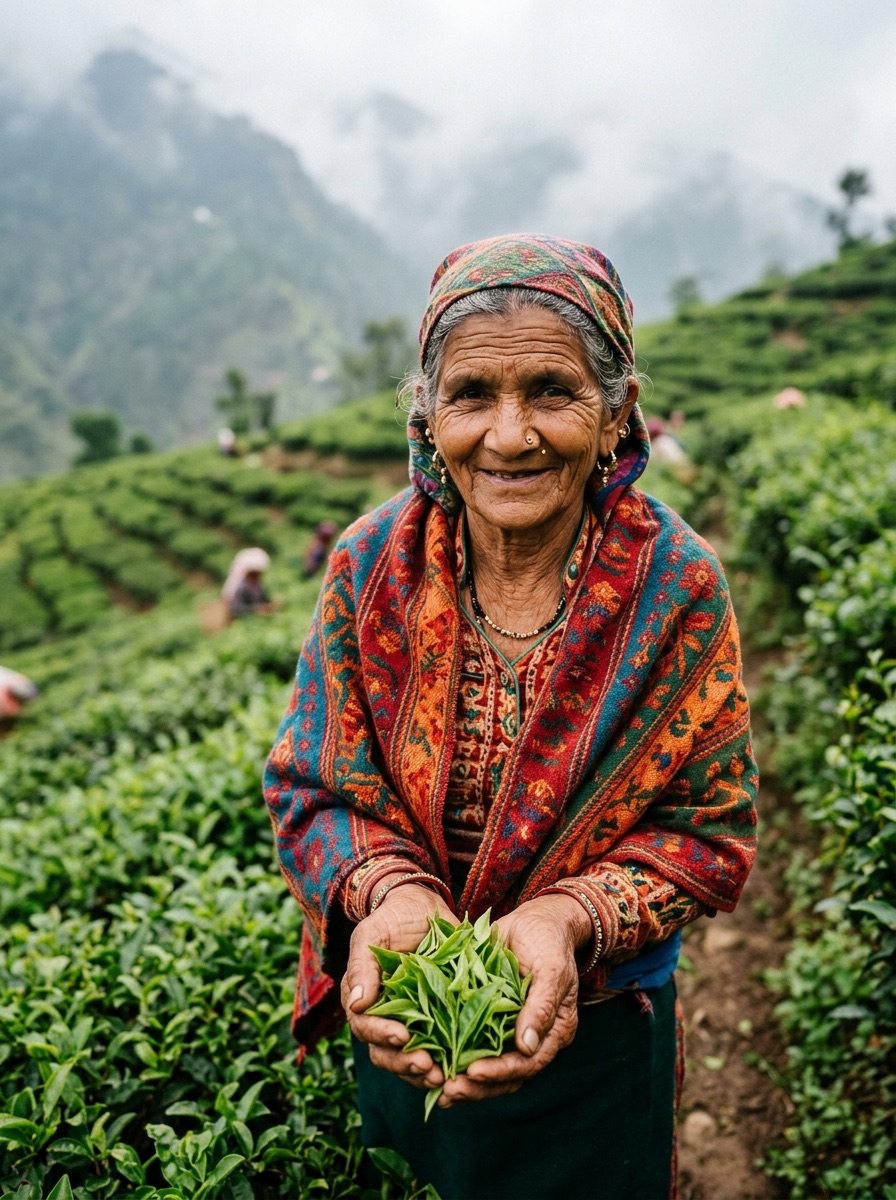 An elderly farmer from Uttarakhand warmly smiling while holding fresh green tea leaves in her hands, standing in a lush mountain tea garden