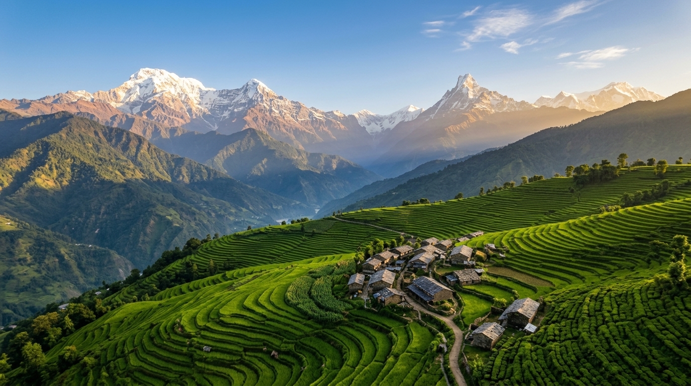 Terraced green fields cascading down Himalayan mountain slopes in Uttarakhand with snow-capped peaks under a golden sunrise