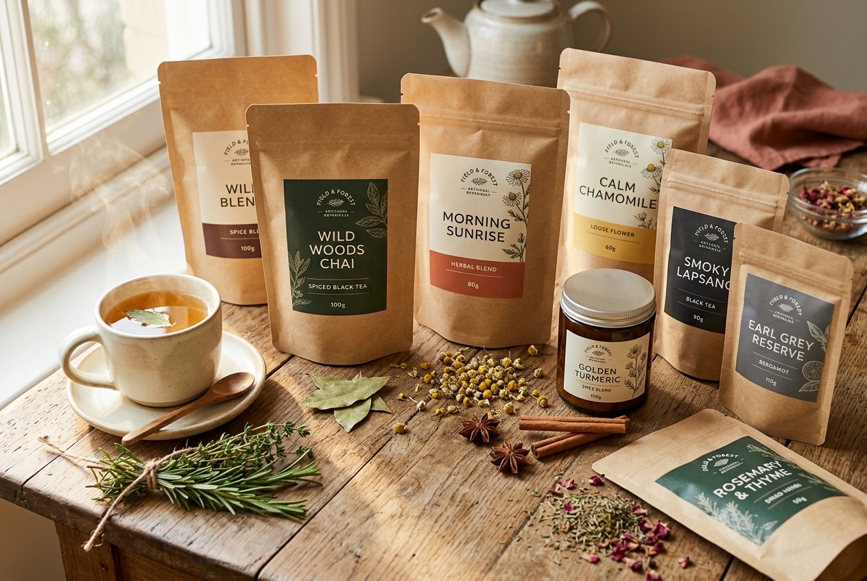 Collection of artisanal spice and tea packages in kraft paper on a wooden surface with a steaming cup of golden tea