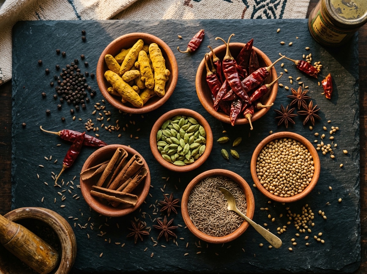Artfully arranged Indian spices in terracotta bowls — turmeric, red chillies, cardamom, cinnamon, cumin